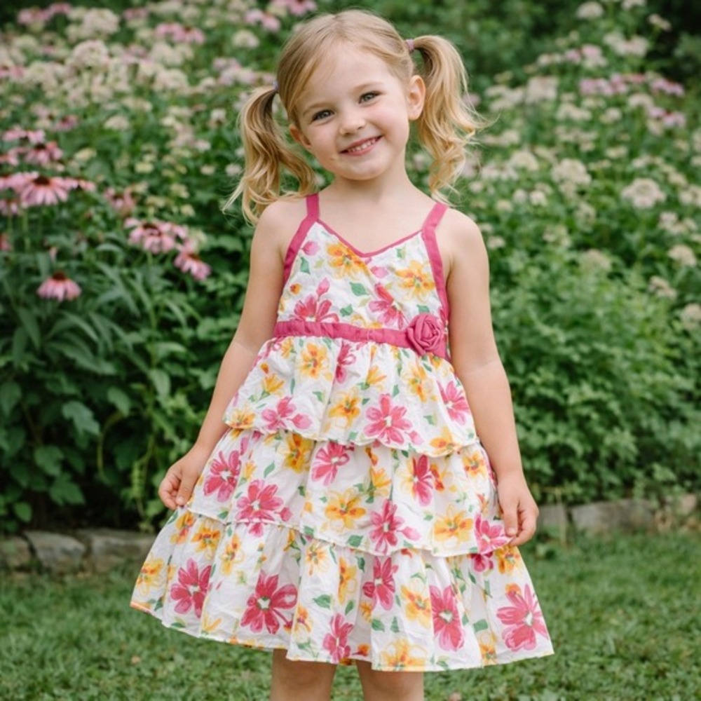 Penny M Girls Floral Tiered Ruffle‎ Dress Pink Yellow White Toddler 3T